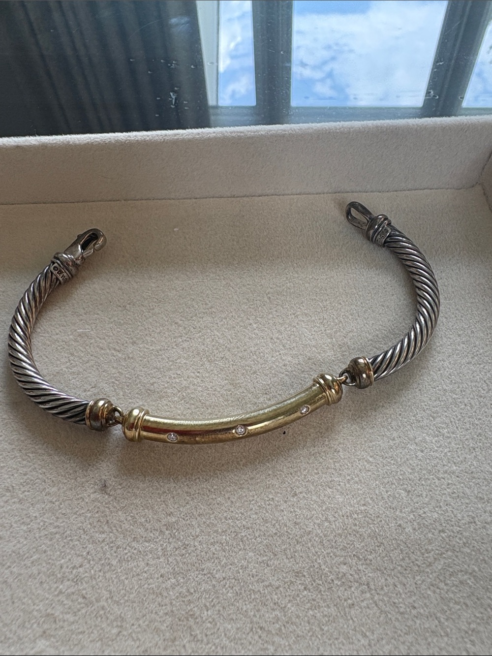 David Yurman Two-Tone Cable Cuff Bracelet with Gold Bar and Crystals